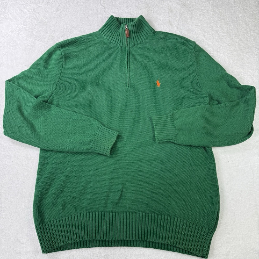 Vintage Polo Ralph Lauren Sweater 1/4 Zip Mens Medium Green Knit 100% Cotton